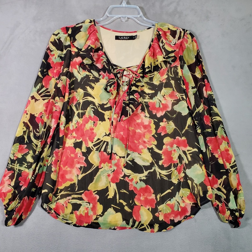 Lauren Ralph Lauren Top Womens M Black Multi Floral‎ Ruffle Long Sleeve Cottage